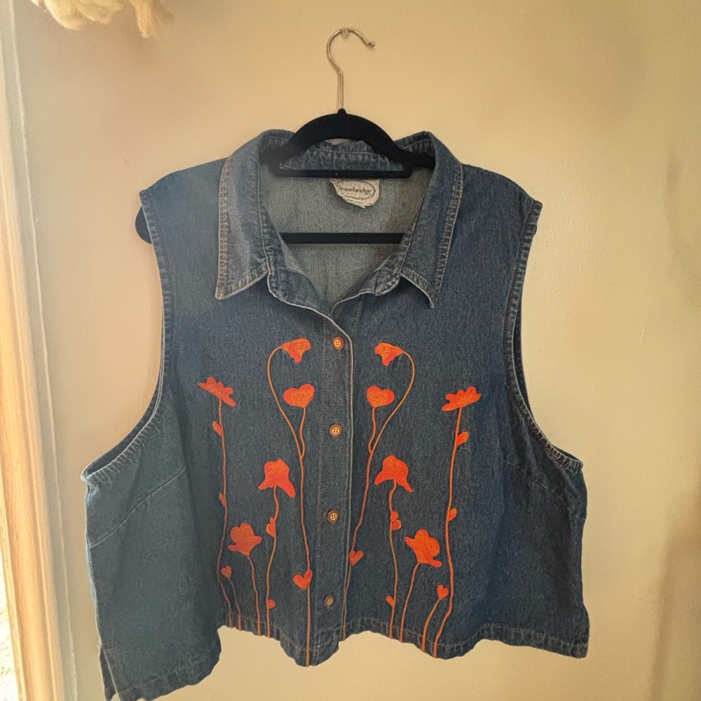 Denim Sleeveless Button Down Shirt with Orange Floral Design